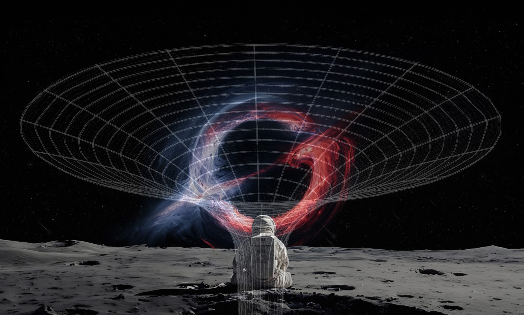 An astronaut sits on the moon facing a gravity-well grid with a red and blue swirl at its center