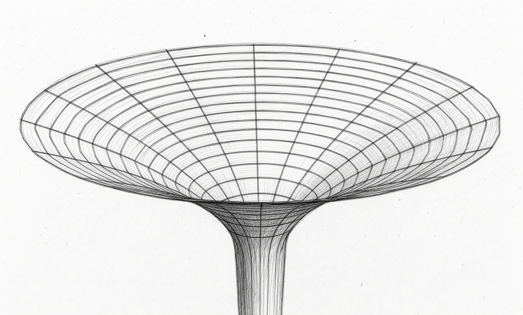 A pencil drawing of a gravity well, the funnel that space bends into near a black hole