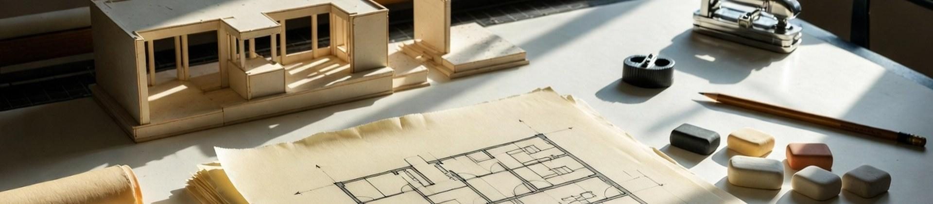 An architect's drafting table in raking sunlight: a stack of tissue floor-plan drawings, a small model house, erasers, a pencil, a brush and a roll of paper.
