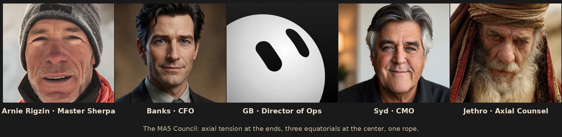 Five council portraits labeled Arnie Rigzin, Master Sherpa; Banks, CFO; GB, Director of Ops; Syd, CMO; and Jethro, Axial Counsel. The caption reads: The MA5 Council: axial tension at the ends, three equatorials at the center, one rope.